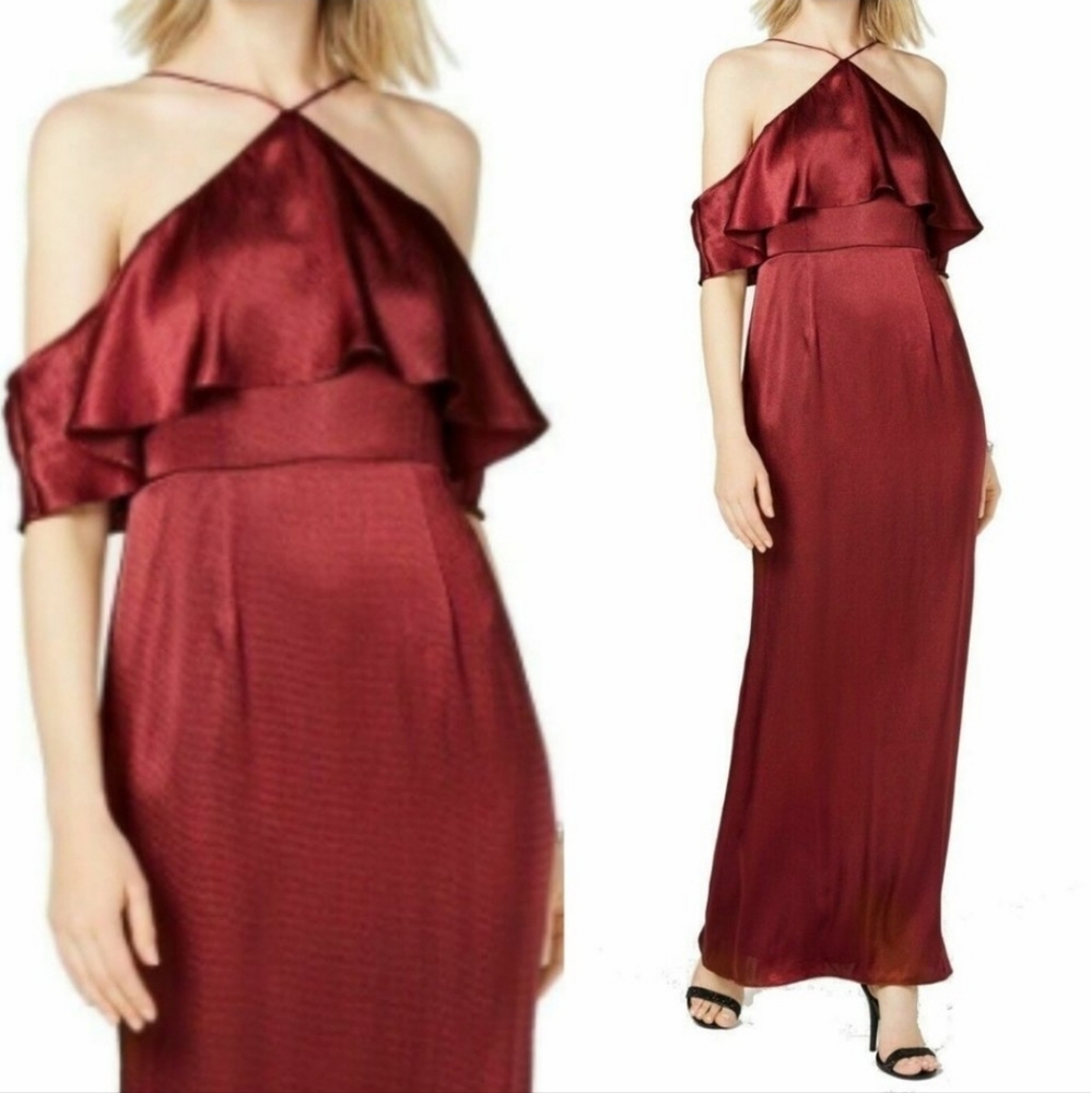 🔥Adrianna Papell Wine Hammered Satin Halter Neck Off the Shoulder Dress